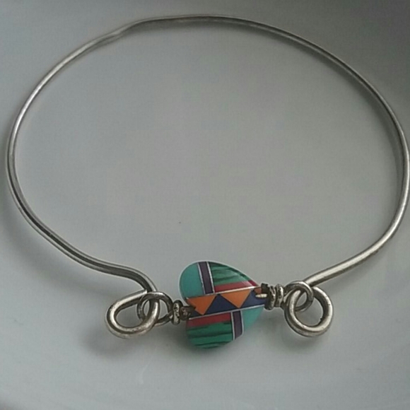 Navajo Multi Gemstone Inlay Heart Bangle SS925 - Picture 3 of 6